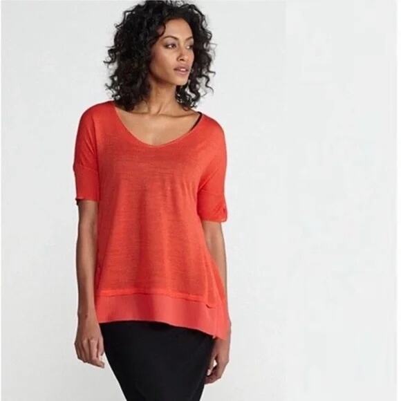 Eileen Fisher Firefly Silk Chiffon Tussah Blouse Coral Size Medium Lightweight - Picture 1 of 7